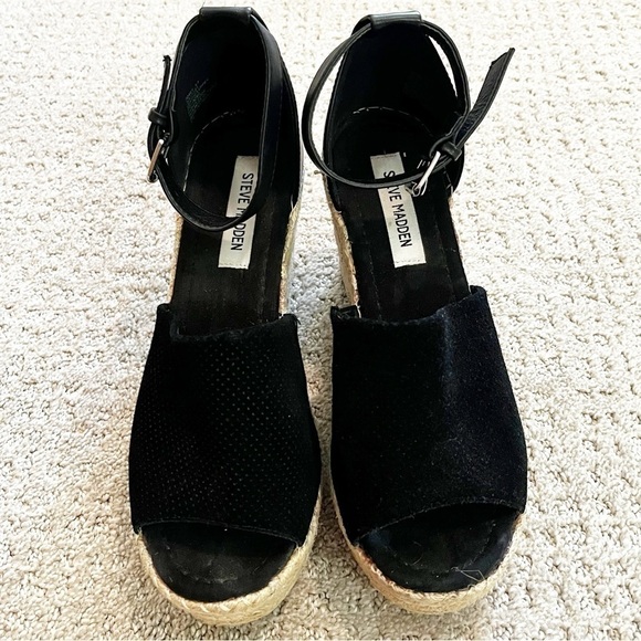 Steve Madden Josey Black Wedges Women Size 9.5 Espadrille Sandals Ankle Strap - Picture 4 of 10